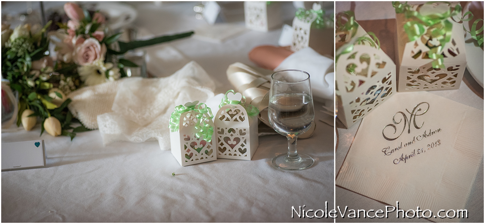 Monogram wedding napkins and favors decorate there reception tables at the Doubletree by Hilton Richmond-Midlothian.